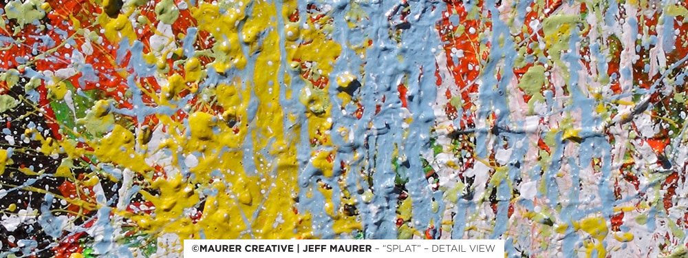 Splat - Detail view. ©Jeff Maurer / Maurer Creative. A closeup view of the yellow, blue and white drip trails overlapping the circular grid base underneath. Available for purchase. Please feel free to contact me with any questions about the available artwork - custom pieces are always an option as well!