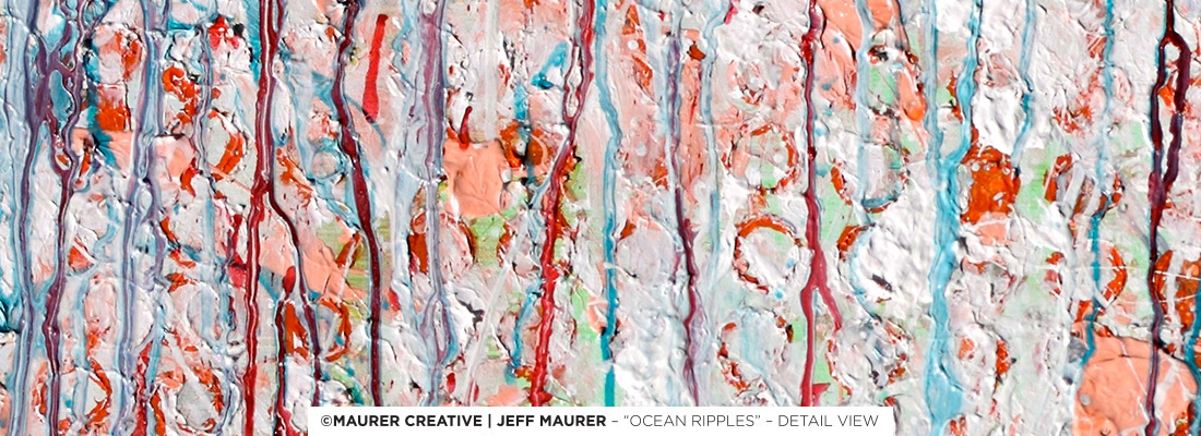 This shows part of the blending of the blue and red drip trails, some blending with each other and others making it further across the canvas. Archival portions of green and a light coral show through underneath. Jeff Maurer / Maurer Creative is available to create custom artwork suited to your interior decor.