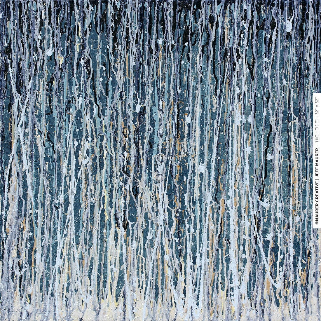 High Tide, an abstract modern acrylic painting by Jeff Maurer based out of Orlando, Florida. A strong vertical blending of light to dark blue with hints of sand colors showing through underneath the watery movement. A full canvas underlayment pattern of smaller circles spread out organically add to the piece.