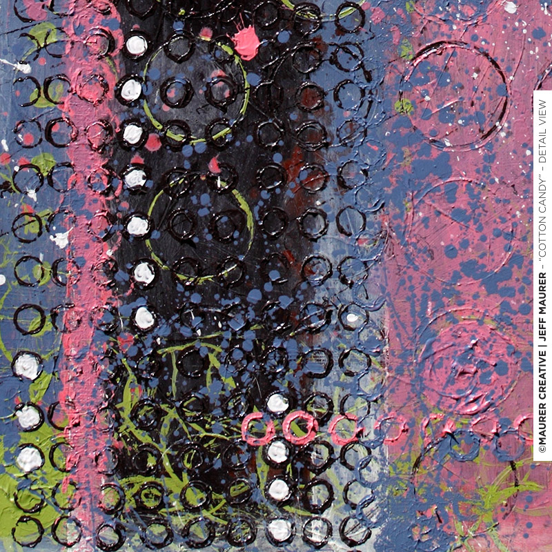 Closeup view showing the layering of structural color with organic and linear texture ... applied in both chaotic and controlled fashions. A beautiful combination of blue, brown, pink, green and white paint create a nice balance to this piece of artwork.
