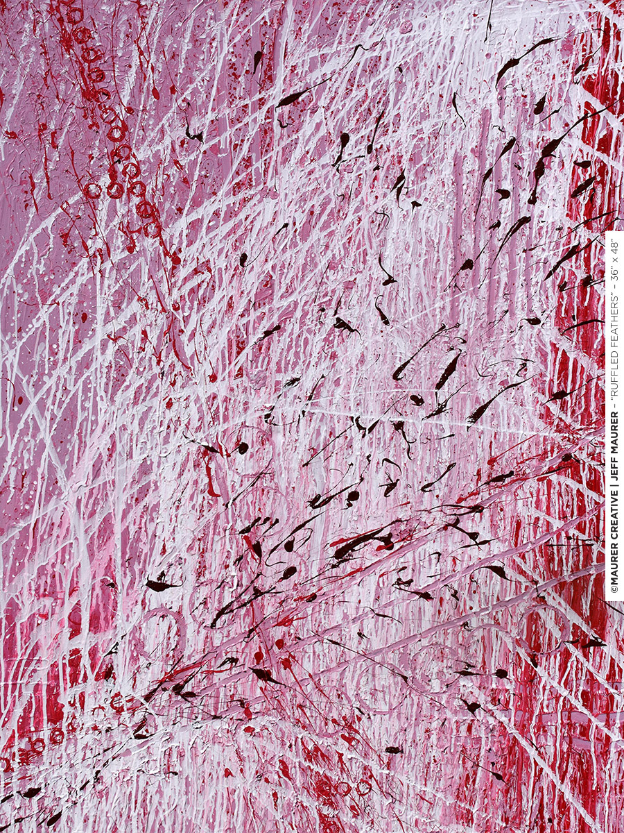 Ruffled Feathers, abstract modern acrylic splatter movement organic painting by Jeff Maurer / Maurer Creative. Purple, pink, magenta and white intersecting in diagonals across the canvas. Part of a series of 4 paintings with Wasabi, Winter Downhill and Orange Slush.