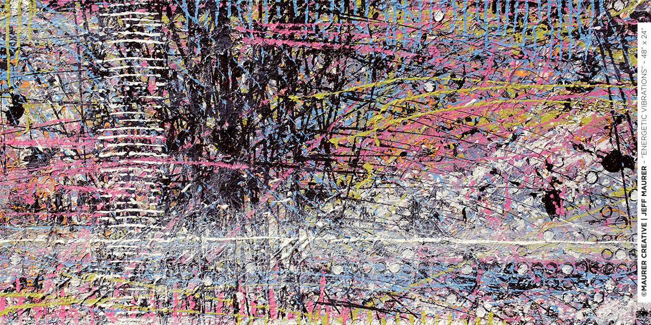 Energetic Vibrations is a 48" x 24" painting by Jeff Maurer / Maurer Creative. Acrylic on stretched canvas, this abstract modern painting created while living in Orlando, Florida is a vibrant and energetic piece of artwork. Pink, green, blue, light blue, brown, white, lime green all intersecting each other and energizing the canvas.