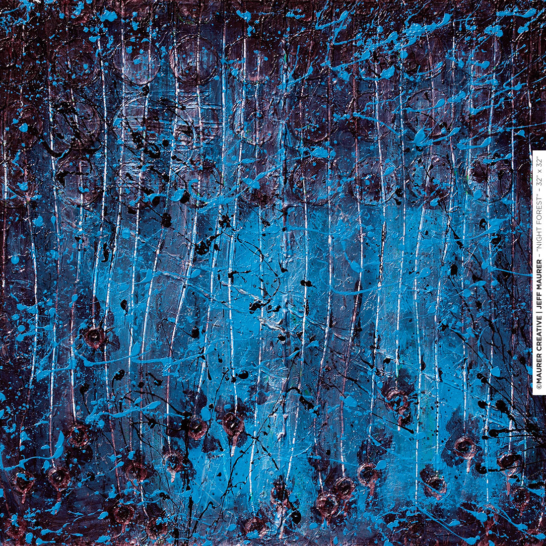 Night Forest, acrylic on stretched canvas, 32" x 32" by Jeff Maurer / Maurer Creative. Deep & saturated blues provide a feeling of a dark night walking through a midnight blue forest, casting shadows and enveloping the surrounding area.
