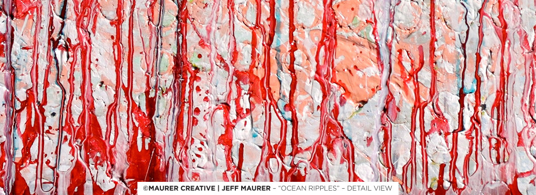 A closer glimpse at the bottom portion of this acrylic painting, the start of the upward movement of red colors, overlaying and intersecting a circular grid base which is prevalent in a number of paintings by Jeff Maurer, all of which can be seen in the Orlando, Florida area (delivery is available to all Central Florida areas, Winter Park, Windermere, Lake Mary, Altamonte Springs, Dr. Phillips, Maitland, Ocoee, Lake Nona, Isleworth)