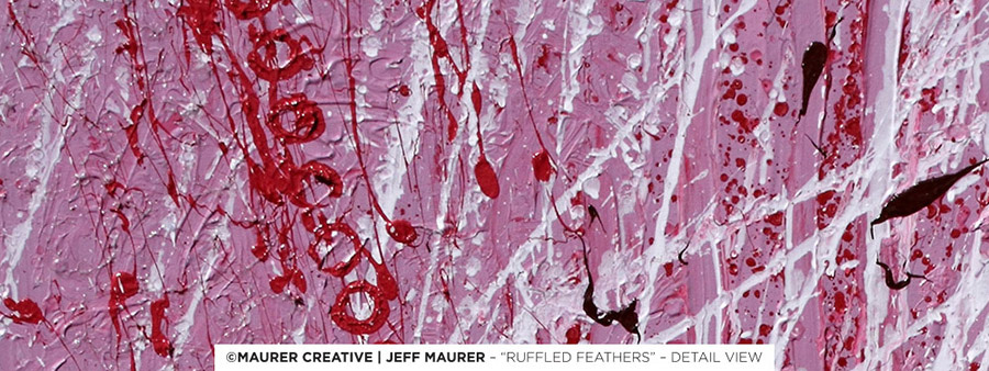 Circles intersecting with lines, dots, splatter and texture throughout the canvas. A closer look at the controlled chaos that is part of the painting process for Jeff Maurer.