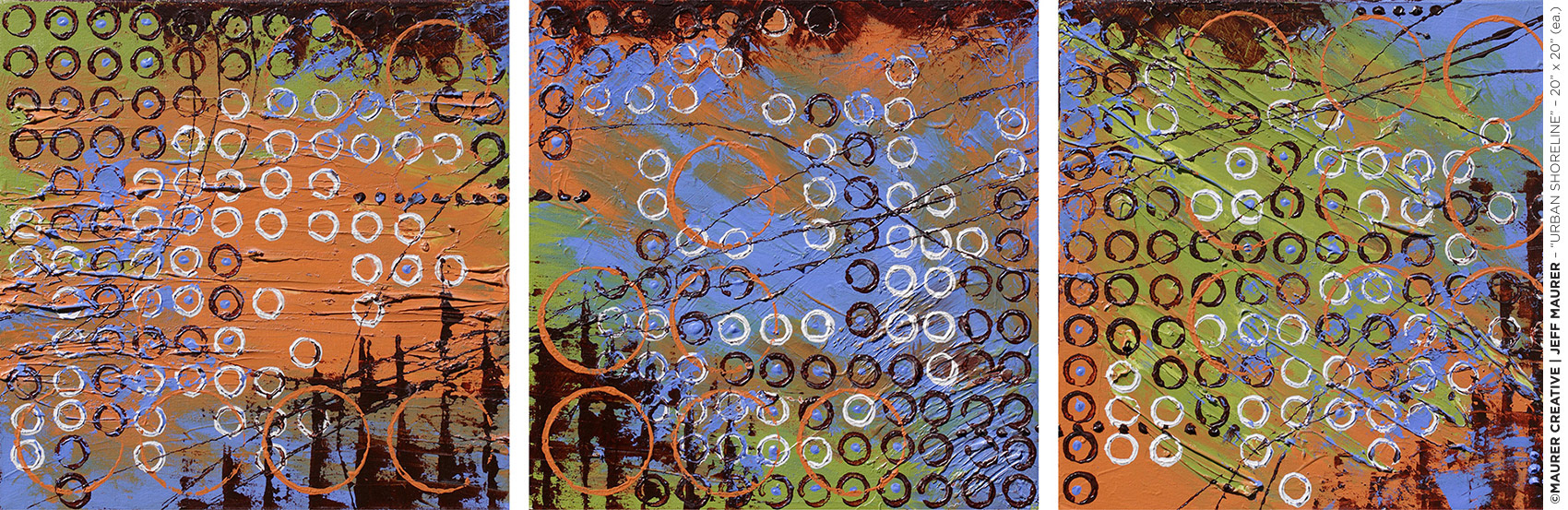 Urban Shoreline custom acrylic painting by Jeff Maurer, Maurer Creative in Orlando, FL. 20" x 20" each, triptych, available to purchase. Blues, greens, orange, white, brown. Contact me if you are interested in my abstract modern artwork!