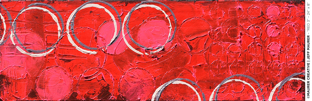 Red 3, the top / right canvas shown in the series. A continuation of circles and texture, varying lights and darks with circle overlays. Painted in Orlando, FL and available to ship direct to you.