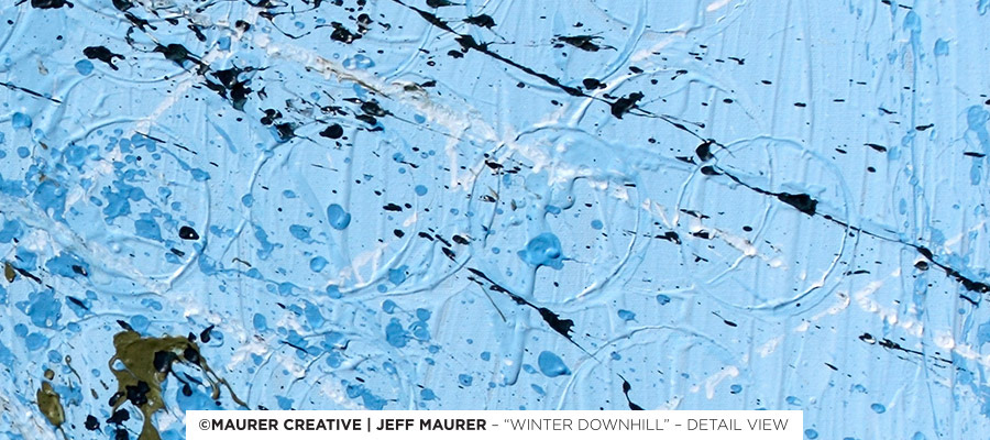 Textural overlays created using larger circles etched into the wet paint while building it all up, a foundation is created for the more chaotic and active foreground of whites and darks.