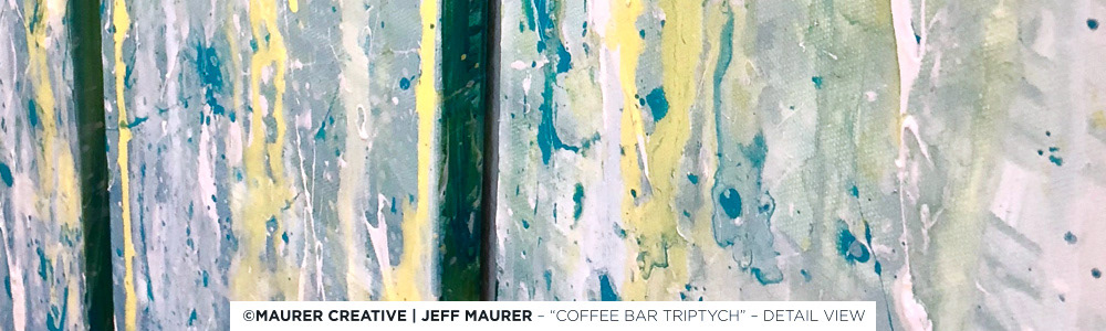 An abstract modern painting by Jeff Maurer / Maurer Creative, this uses a combination of cool blues and teals with a bright and fluid yellow & white overlays.