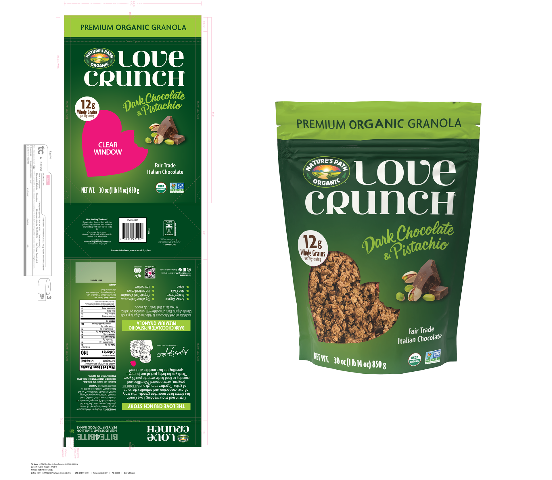 2026 - Nature’s Path | Vancouver, BC | Love Crunch Dk Choco Pistachio Granola Pouch - Design, Production and Renders by Carla Sarmento