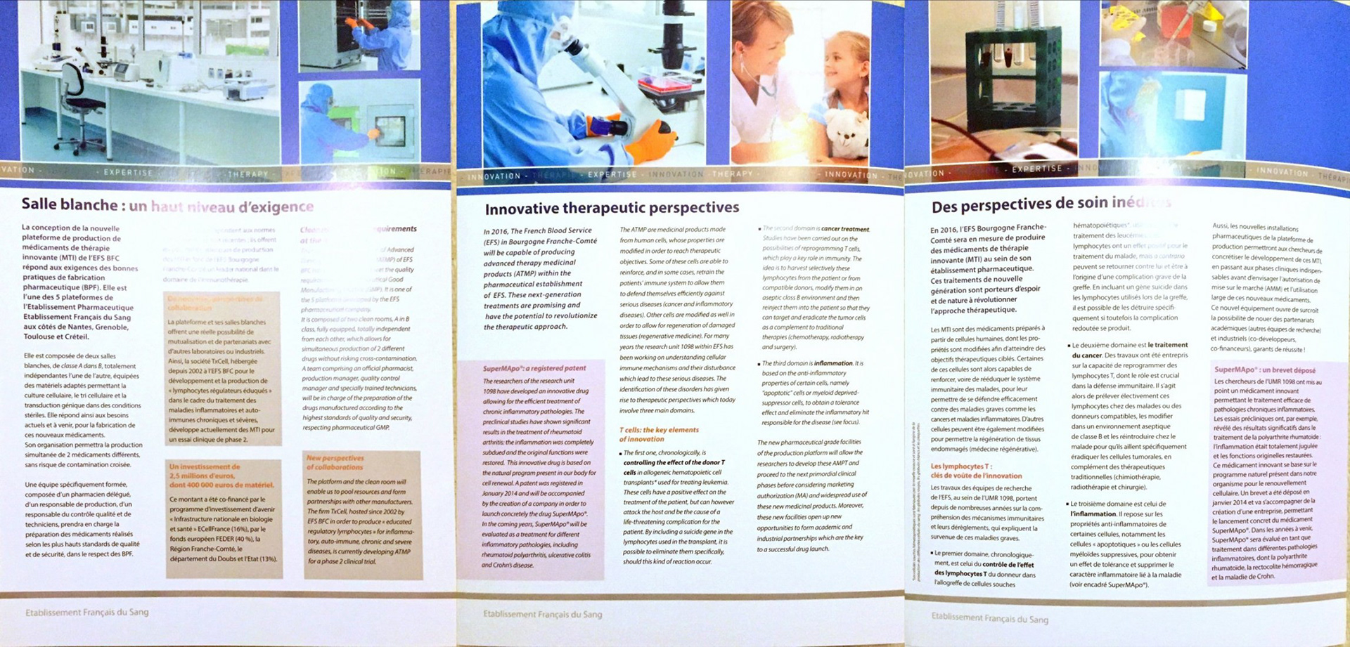 Photos pour l'établissement Français du Sang (EFS) pour illustrer le travail sur les médicaments de thérapie innovante (MTI)