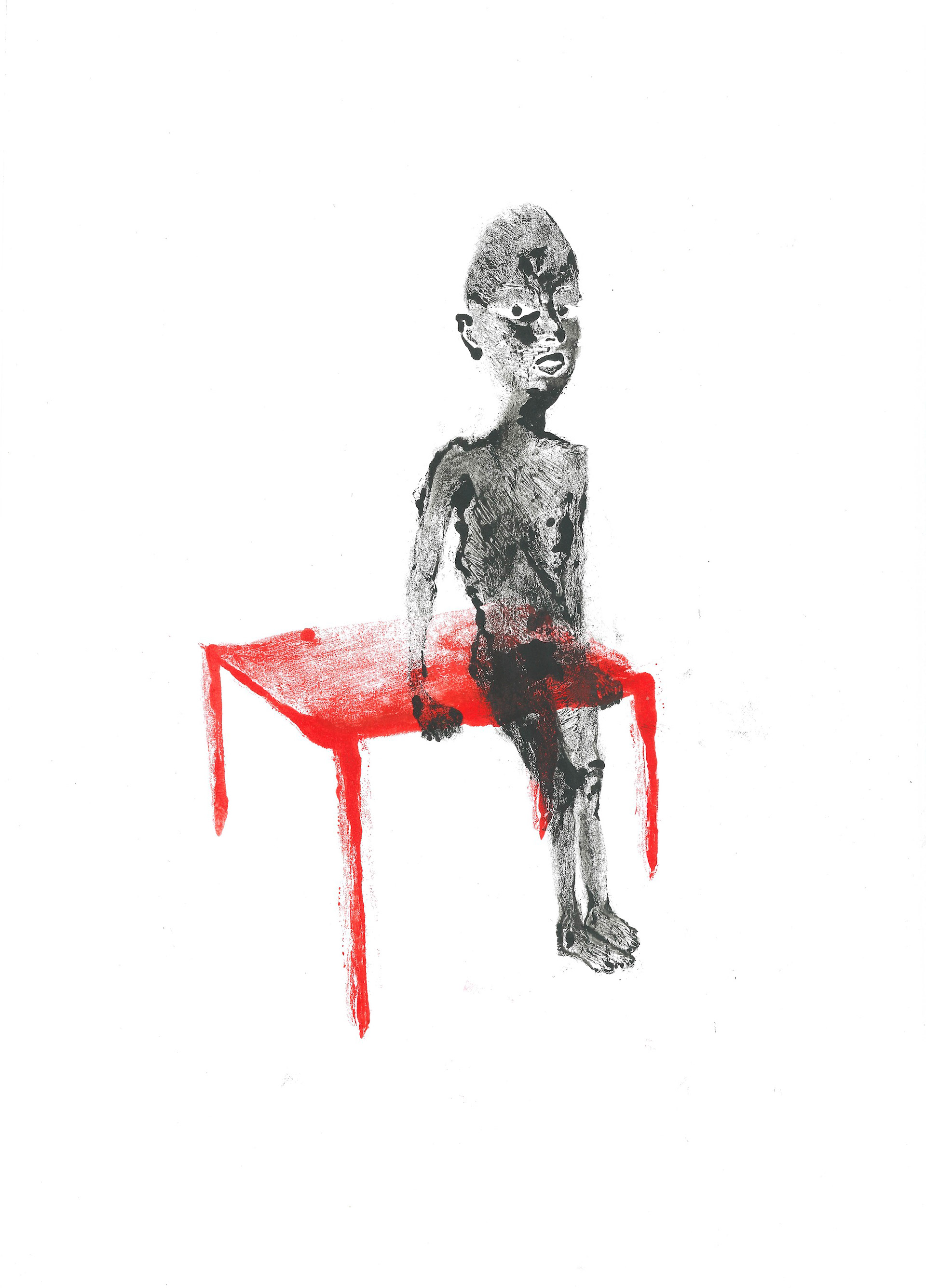 Man and Red Table , 2023, 27 x 42cm, monoprint on paper.