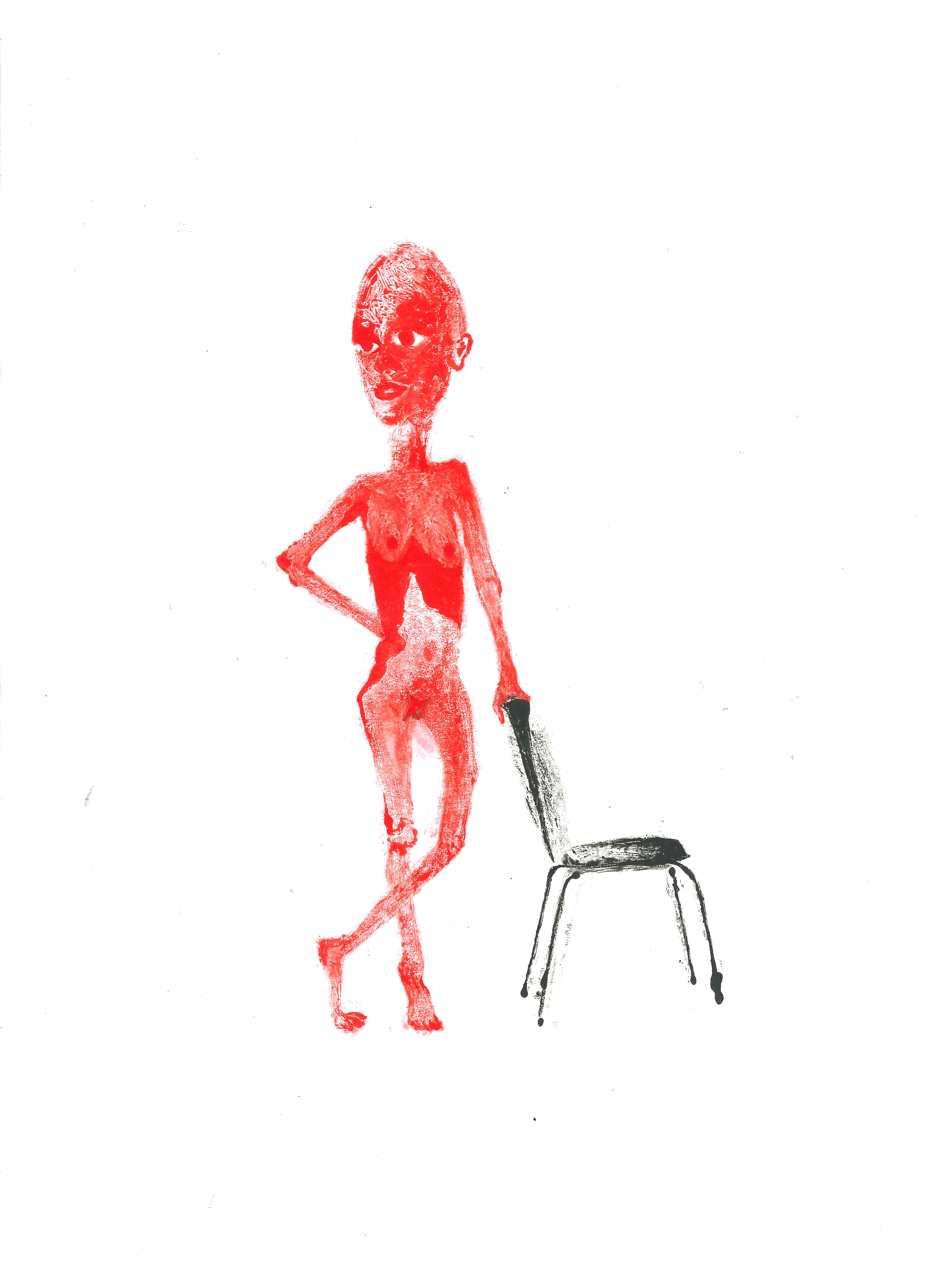 Red Woman and Chair, 2023, 27 x 42cm, monoprint on paper.