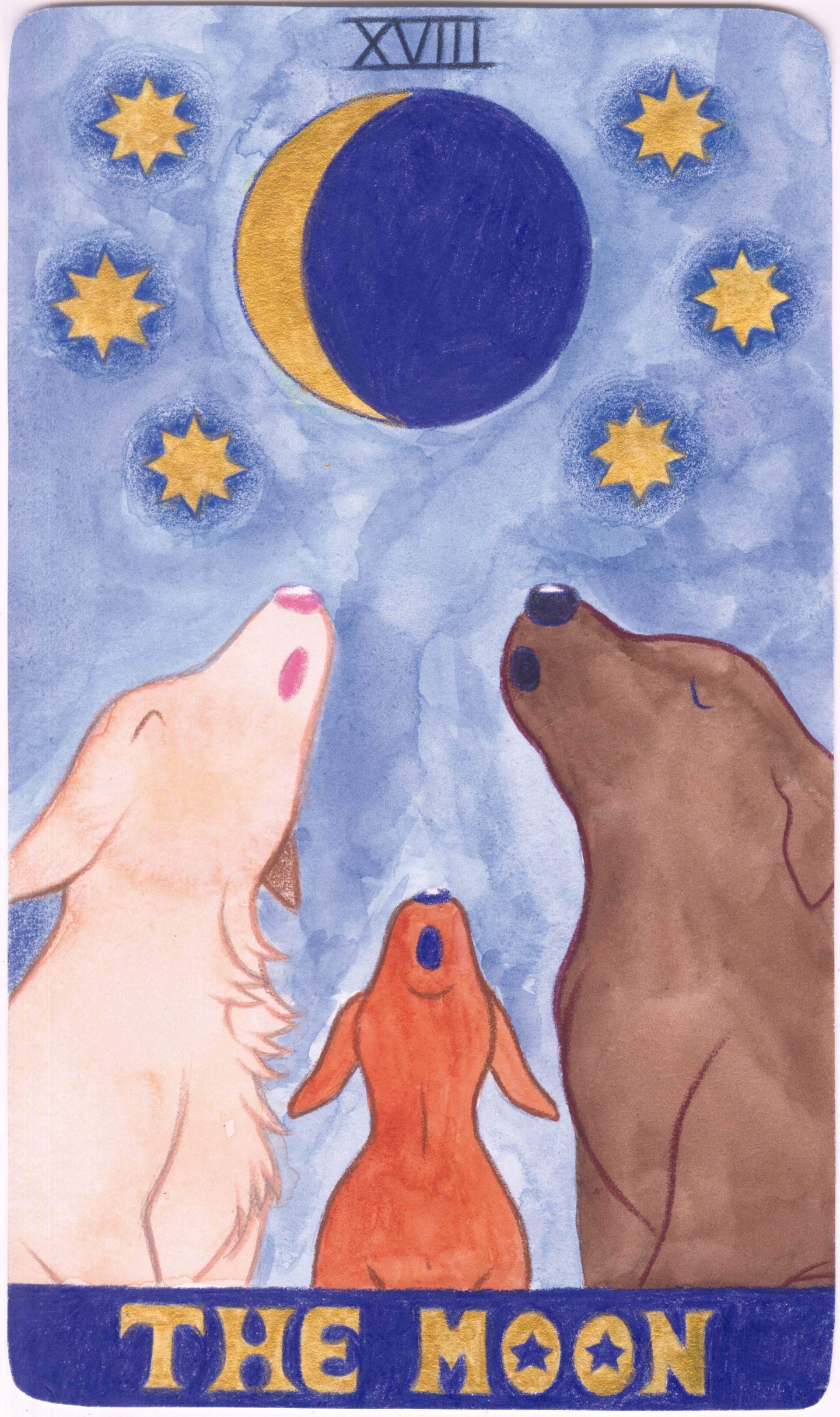 "The Moon Tarot Card" (2023), watercolor and colored pencil on hot press watercolor paper