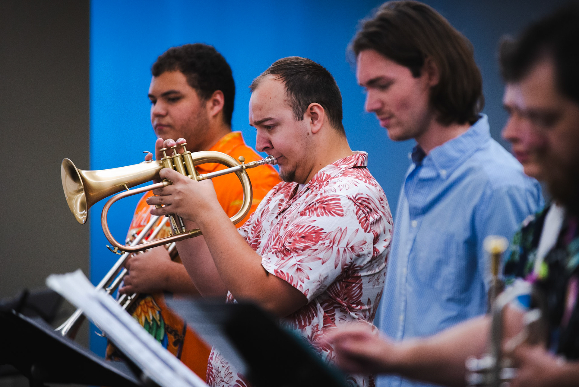 Jared Johnson plays the flugelhorn with the Entropy Jazz Orchestra during their high-energy set at the Burlington Jazz Festival on July 26, 2025.