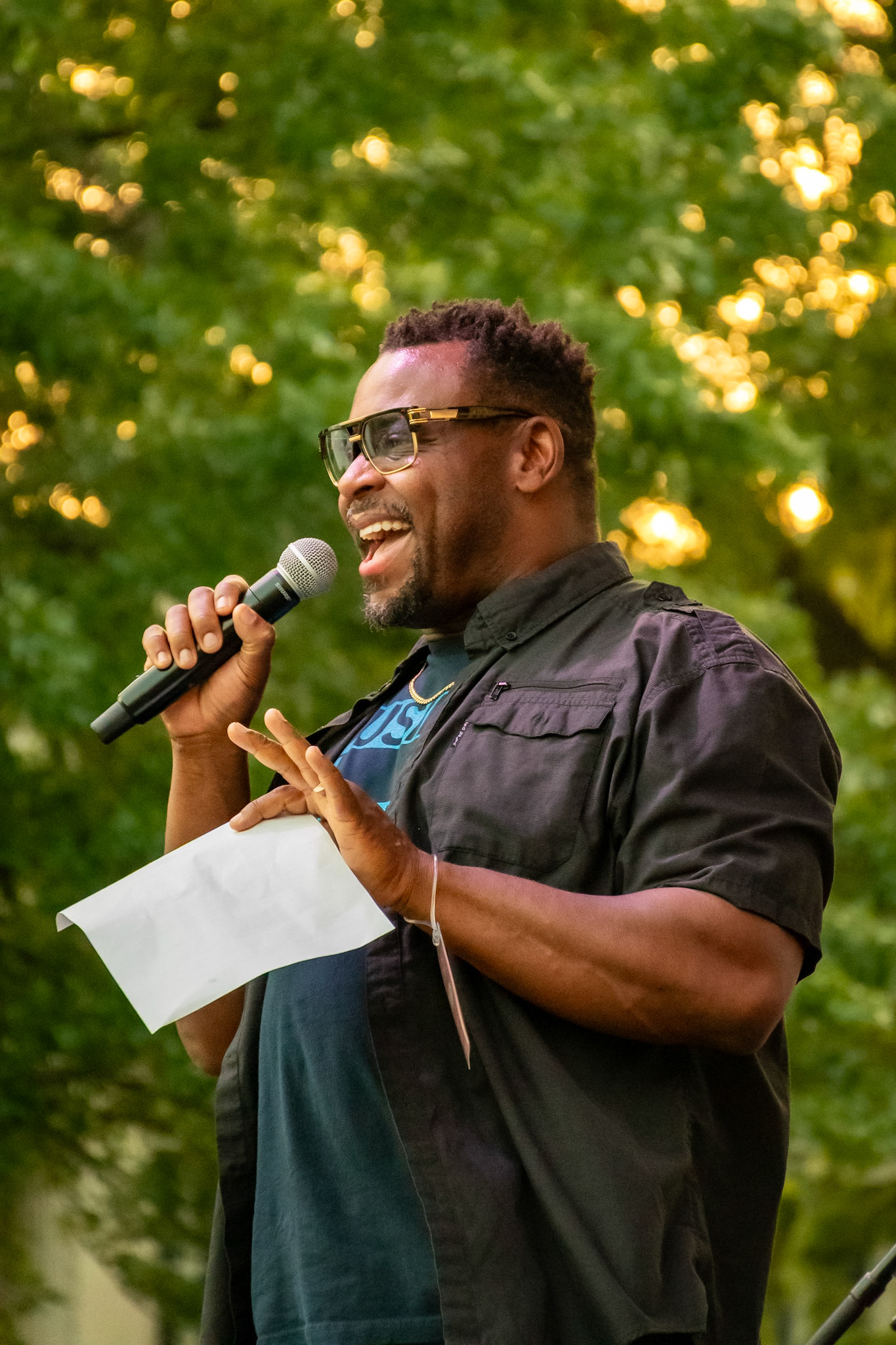 IOWA CITY, IOWA – JUNE 6, 2025: Iowa City Mayor Bruce Teague welcomes the crowd and introduces The Original Pinettes Brass Band ahead of their headline performance at the Iowa Arts Festival. His spirited remarks set the tone for an unforgettable evening of music.