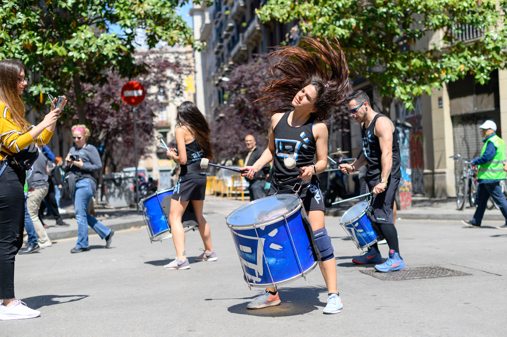 As is our unintentional habit we arrived in Barcelona for a public holiday. May Day.
I was excited on seeing a poster for a CNT rally to experience good old-school anarchist fire-and-brimstone. On our way to the CNT rally we happened across the USOC march. lead by the Taboo drum troupe. Lost of good energy noise and socially relavant banners as they wound their way through Barcelona.
We did make it to the CNT rally eventually. Very tame with a couple of anarchist book stalls, other merchandise, and what sounded like very dull speeches. Go USOC!