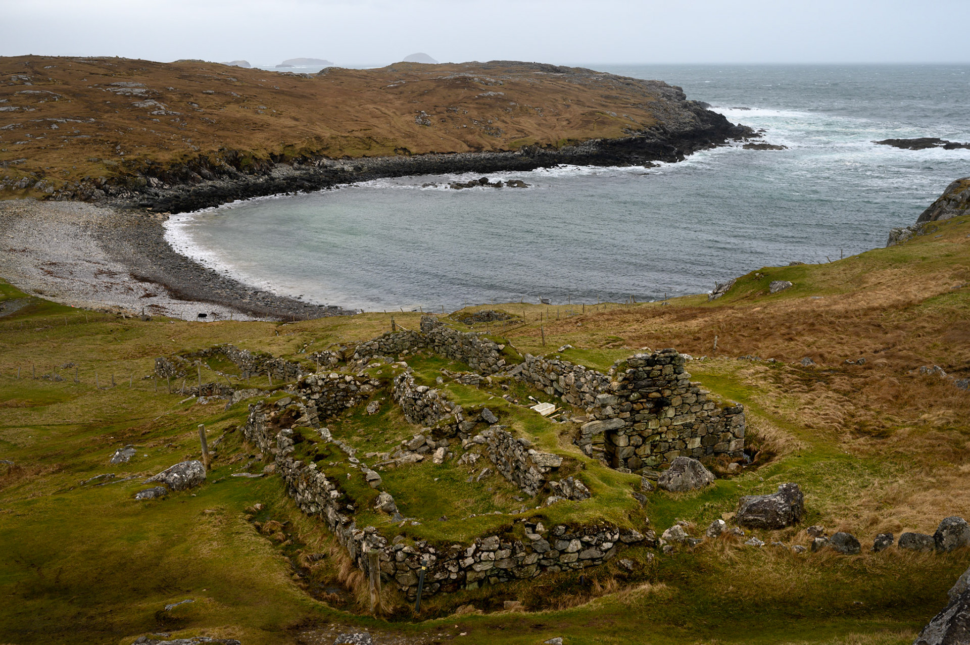 The Gearannan blackhouse village. It was abandoned in the 1950s when its elderly residents could no longer perform the necessary maintenance, and restored in the late 1980s as a tourist attraction and hostel.