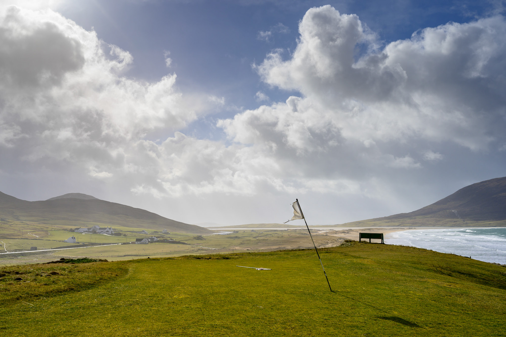 The Harris Golf Club. The weather alternated between chill sunshine and sleet. The whipping wind was a constant.