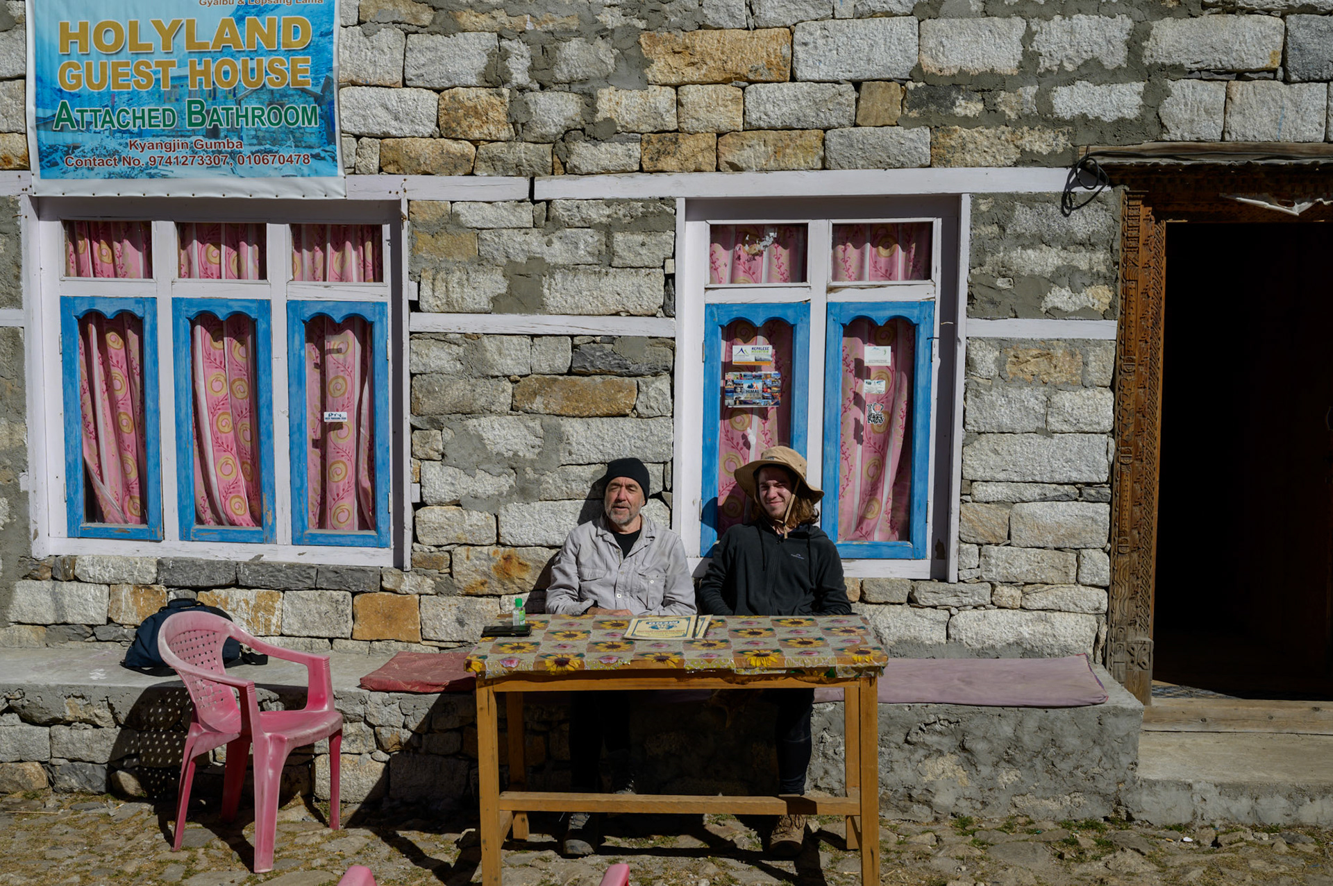 Pete and Max in teh afternoon sun at Kyanjin
