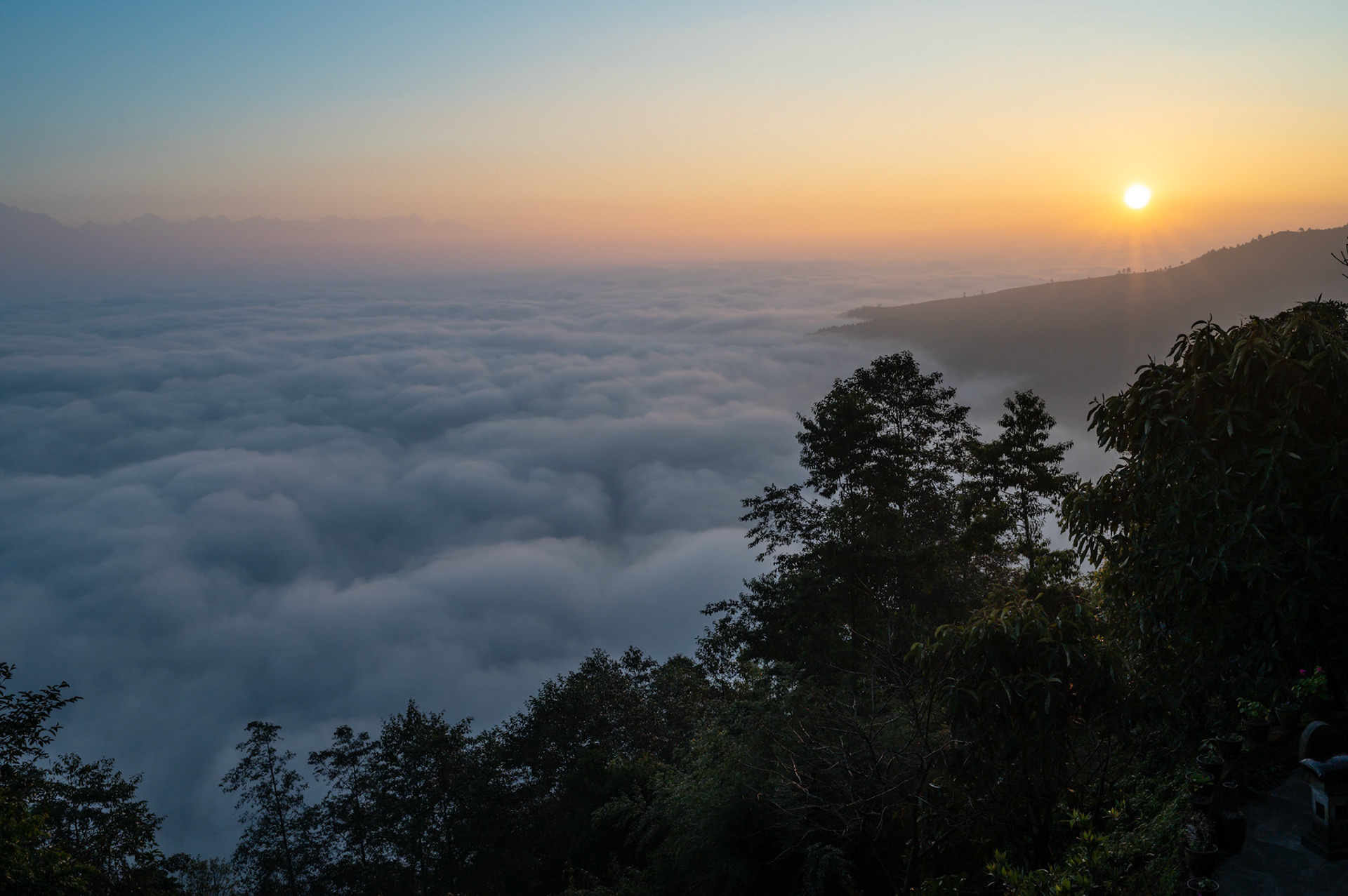 Sunrise from the Everest Manla Resort deck.