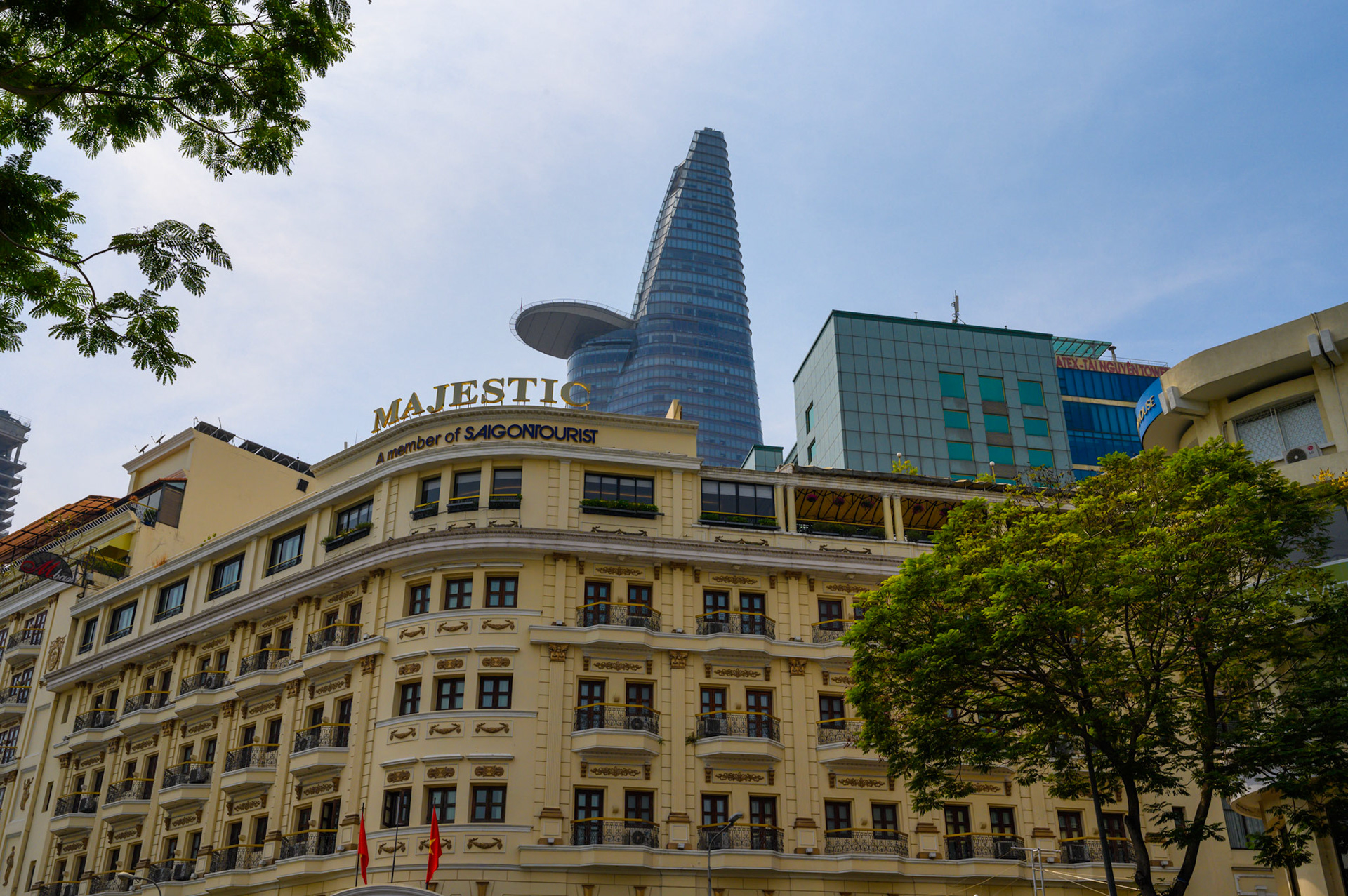 Tháp Bitexco Financial Tower behind the Majestic Hotel, home of the famous Vietnam War-era Journalists Bar.
