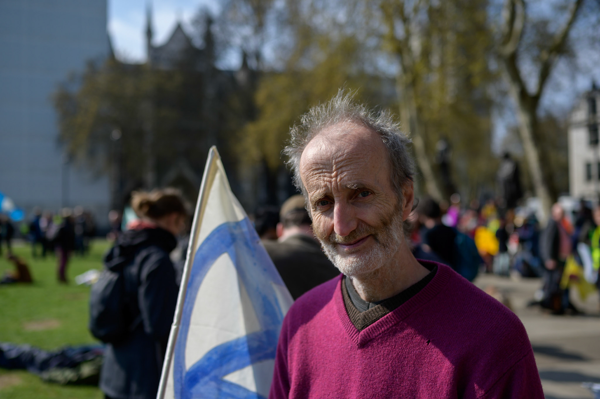 Westminster protest.
The Extinction Rebeliion protestors occupied both ends of the age spectrum with a gap in the middle. Older protestors like Martin are prepared to be on the front line to save the younger protestors from arrest and police records.