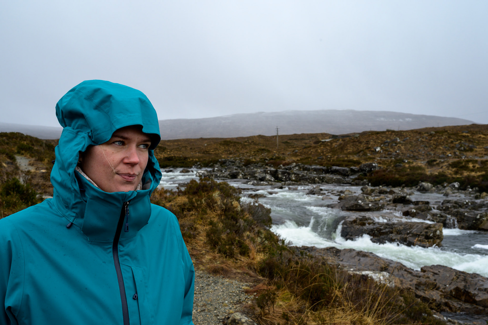Sheryl rugged up in Sligachan.