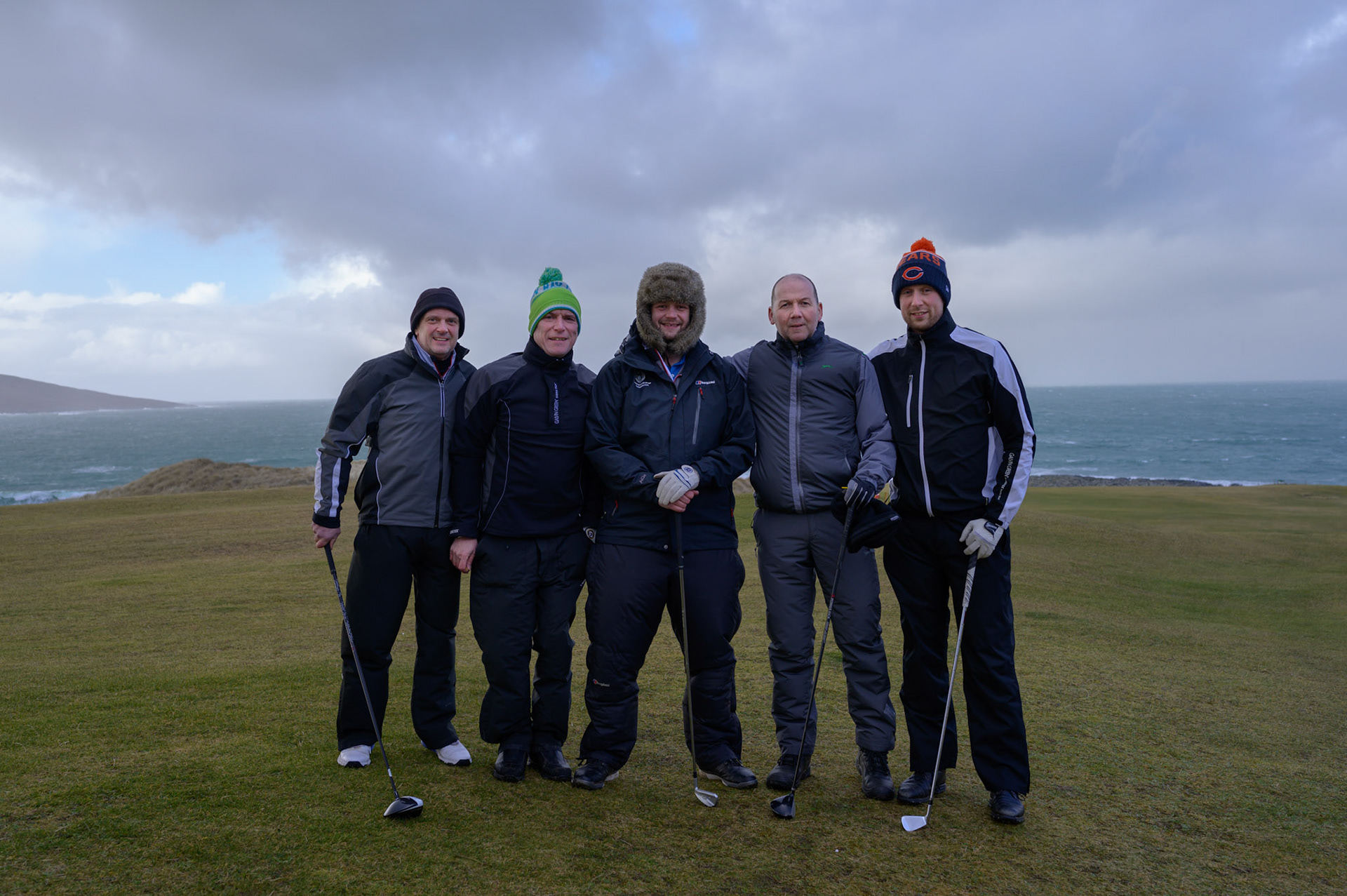 Every yeary on this day these Lewis and Harris lads play golf, whatever the weather. The Stornoway golf club was sensibly closed, but the Harris Golf Club has no such qualms about a bit of wild weather.
A team photo before starting.