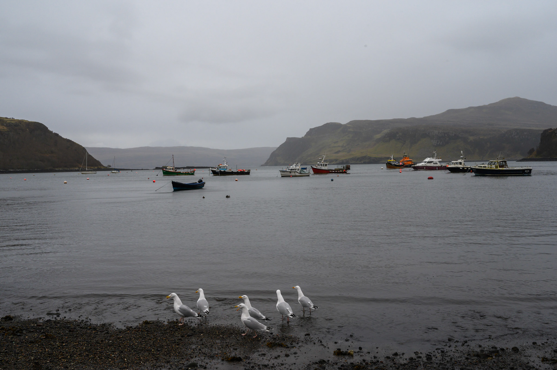 Portree bay on a grey day in early spring.