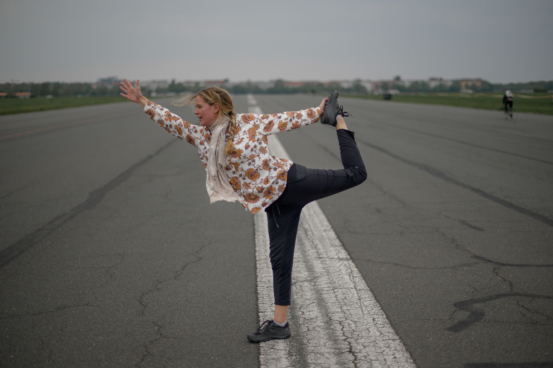 Sheryl in her favourite yoga pose on the Templehof runway.