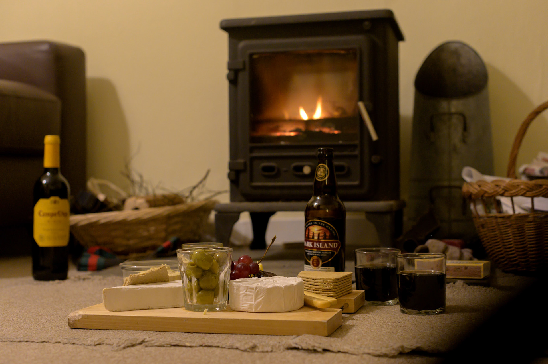Our first night's cheese board and a warm fire in Alison's Upper Bayble cottage.