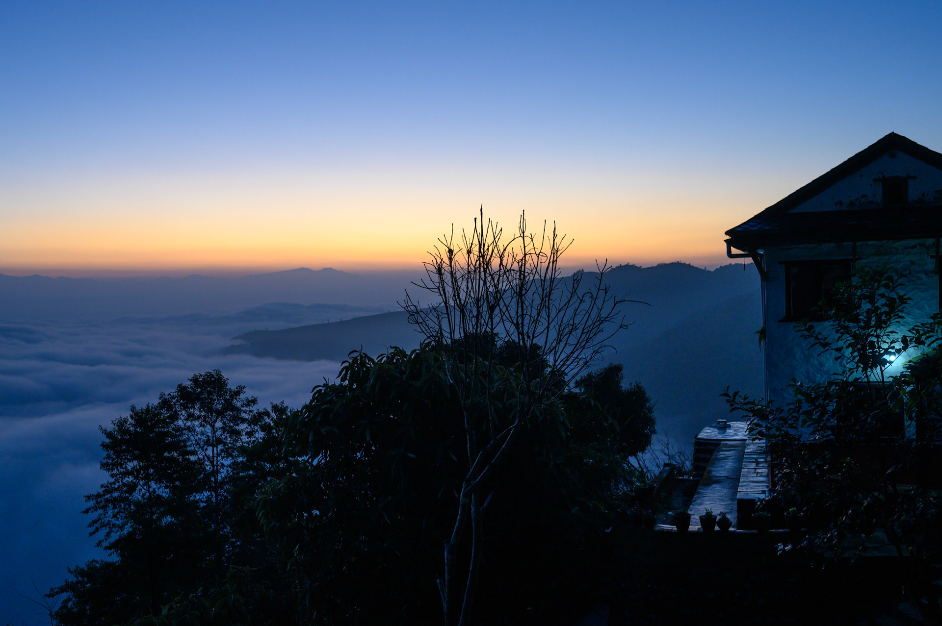 Sunrise from the Everest Manla Resort deck.