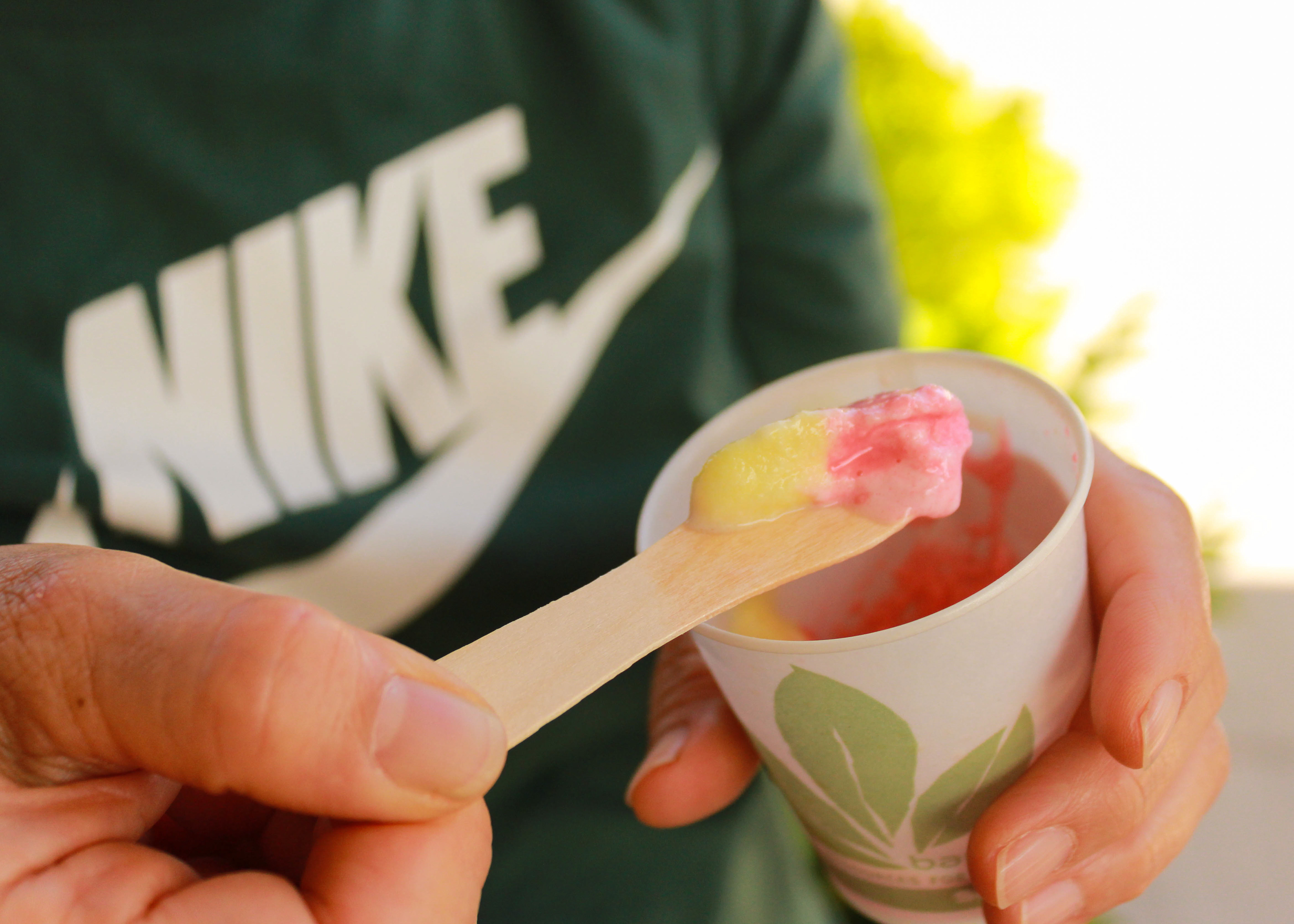 Pineapple and strawberry guri guri, an ice cream-sherbert treat.