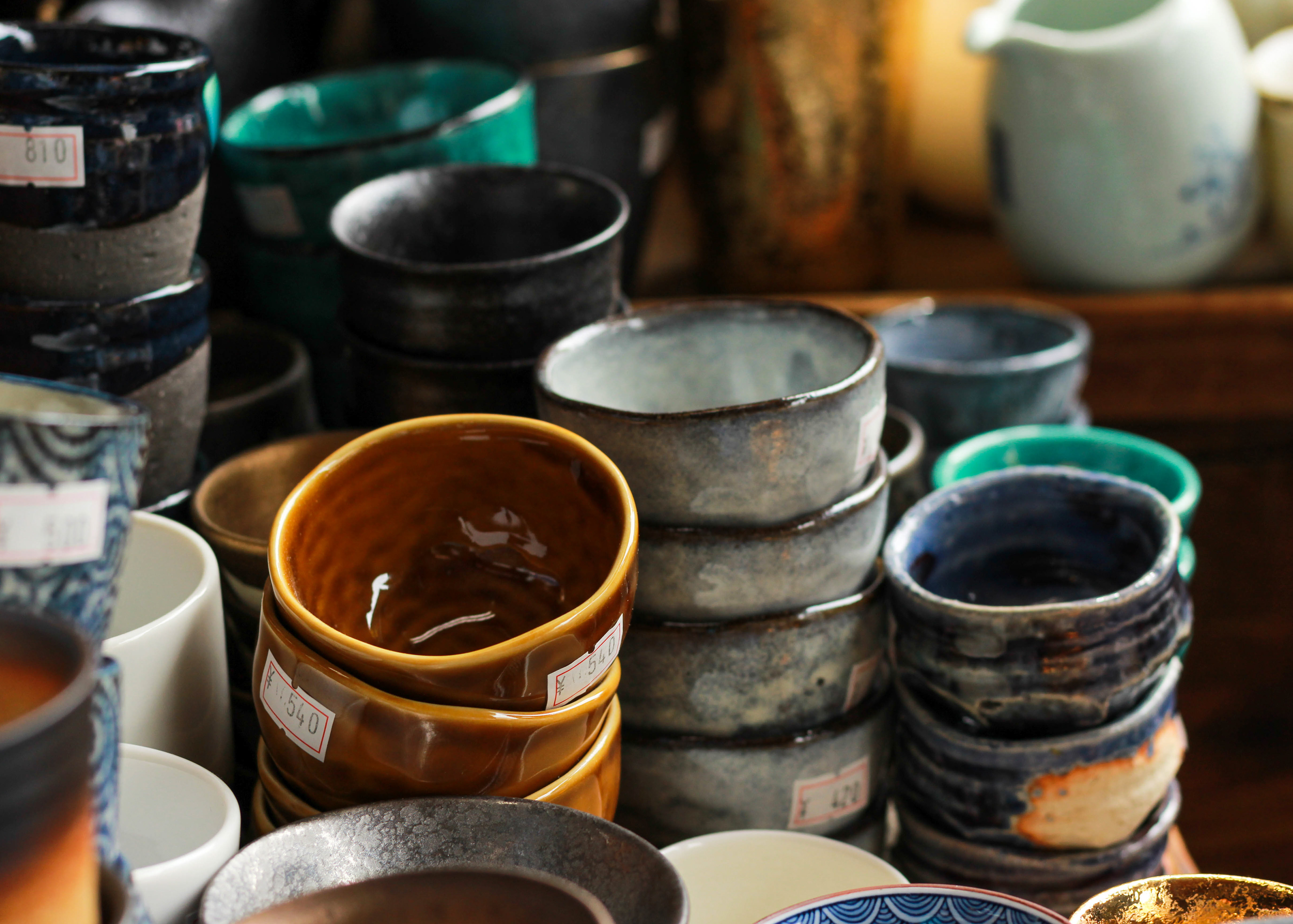 Ceramic sake cups for sale at Tsukiji Outer Market in Tokyo.