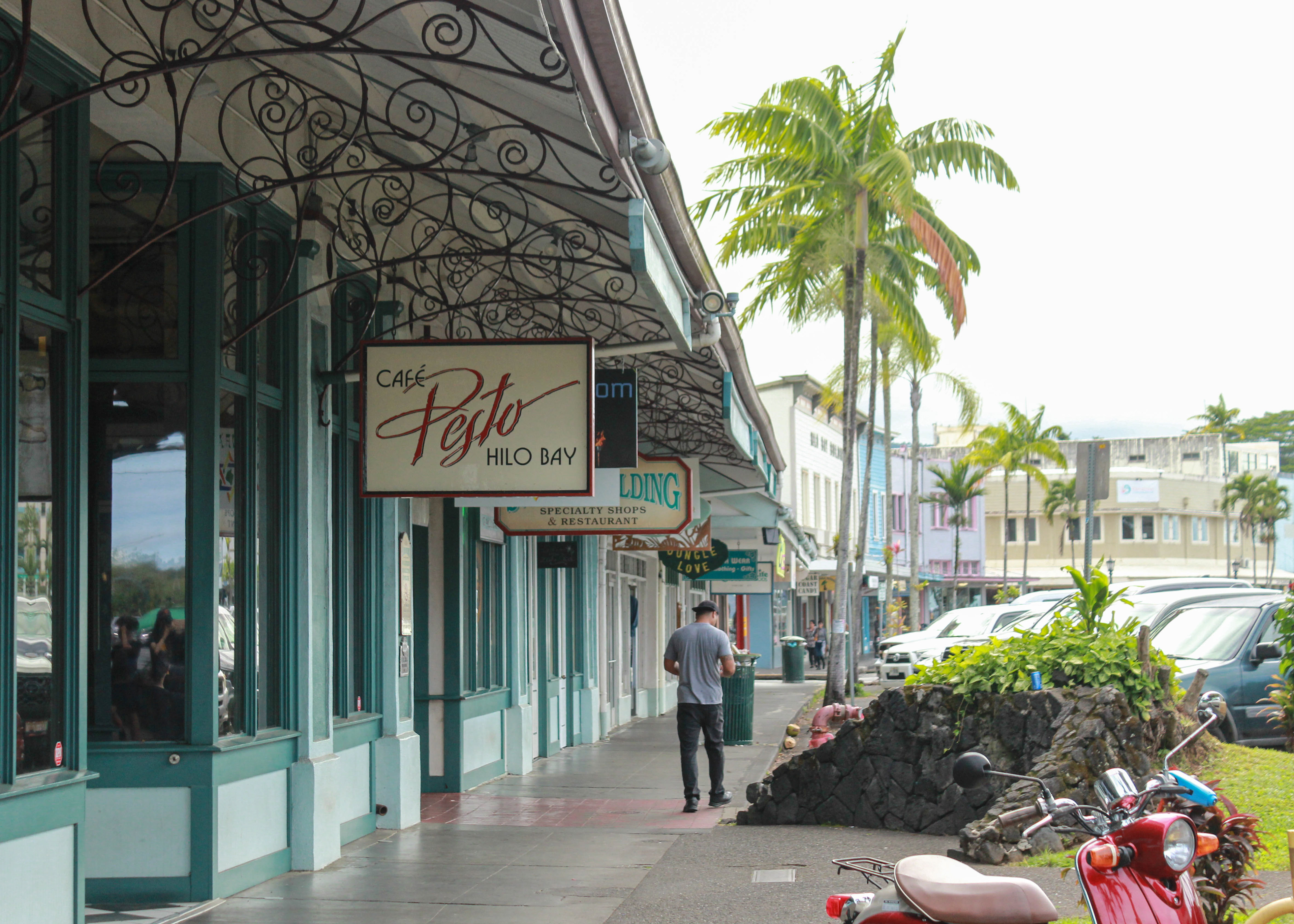 Storefronts and restaurants of historic downtown Hilo.