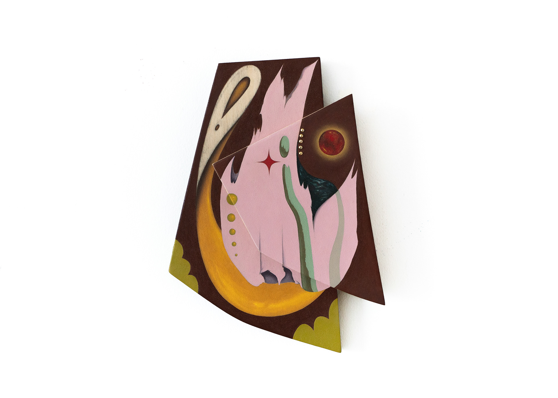 Smoke and mirrors, delusions of grandeur; the tender steady drum of forever. Oil on wood, brass nails, 10.5H x 7.5W, 2024.