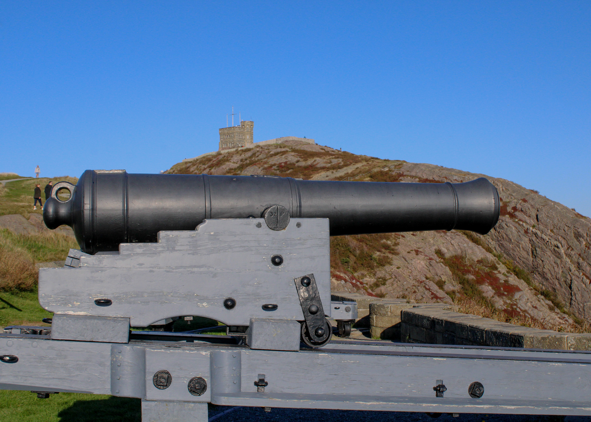 Canon in the foreground of Cabot Tower, Signal Hill, Newfoundland