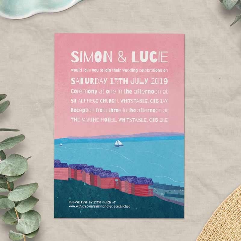 This picture is of an invitation featuring an illustration of Whitstable Bay with wedding invitation wording above