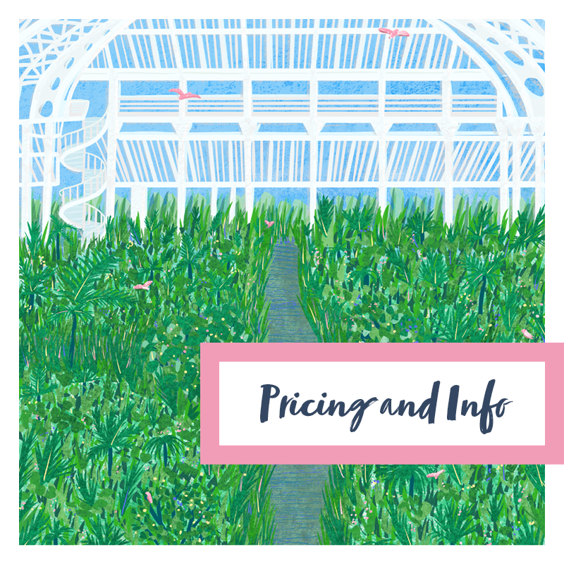Pricing and Info. This image features an illustration of Kew Gardens by Inky Acorn Designs. 