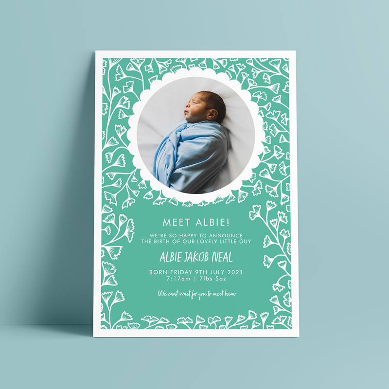 Green Gingko Baby Announcement Card