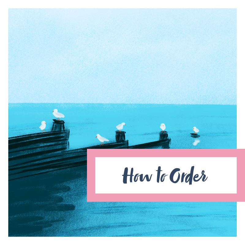 How to order. This image features an illustration of seagulls on a breakwater by Inky acorn Designs