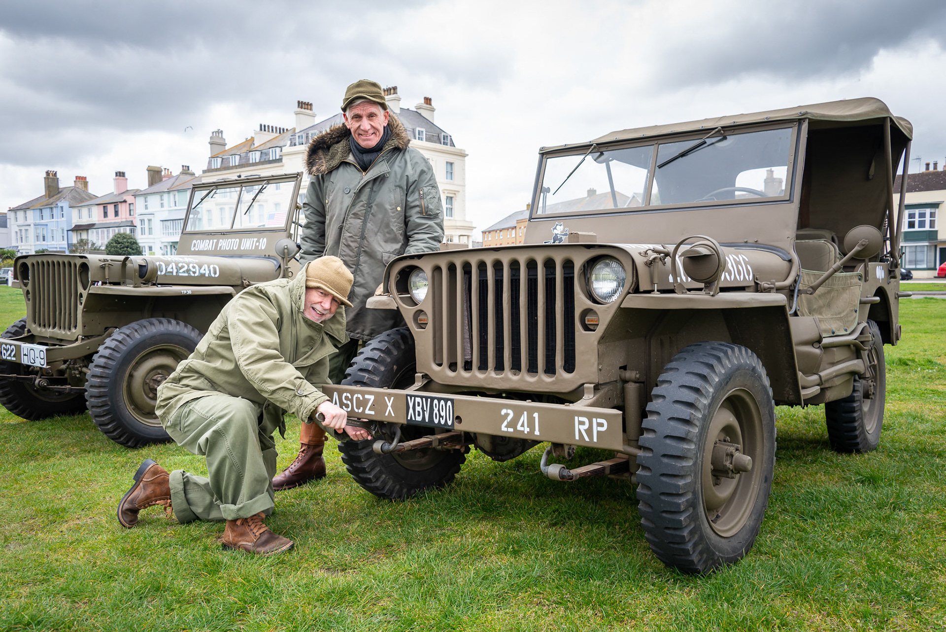 Jeep enthusiasts, John and John, visiting from Ashford and Canterbury. Walmer Greensward, 20th April, 2024.