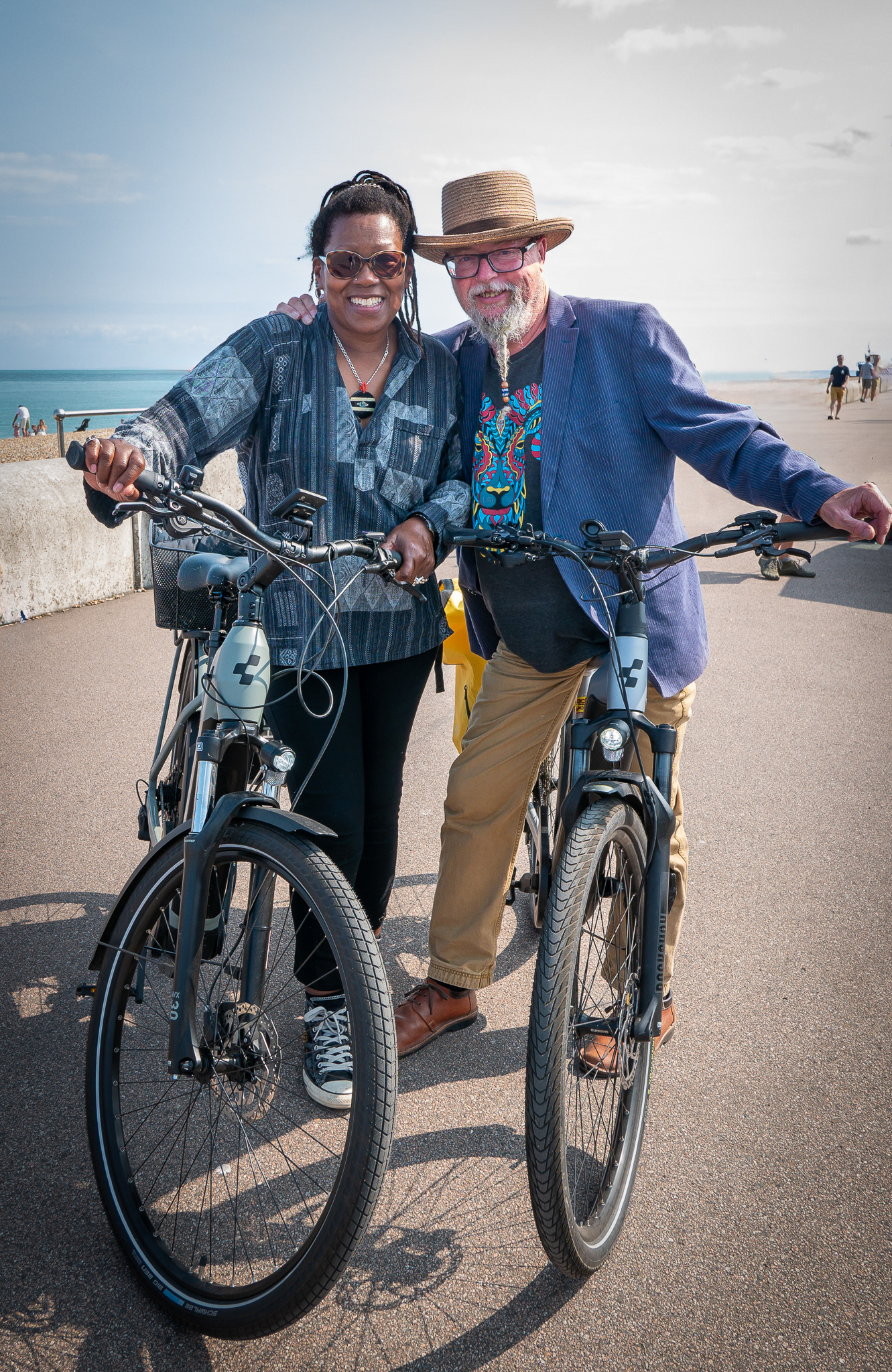 Friends, Eve and John, cycling home from a session at the Lighthouse PH. Sunday, 18th August, 2024.