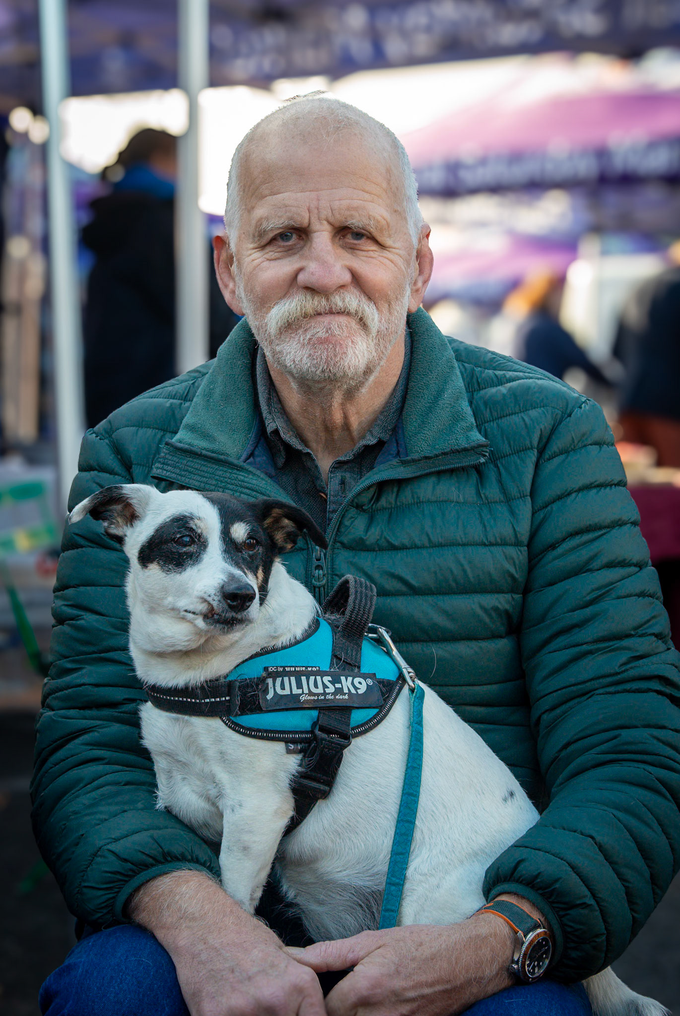 Bob, a former Bank Manager and his dog, Winnie. Outdoor coffee at Real Deal Roasters, Deal Market, 25th January, 2025.