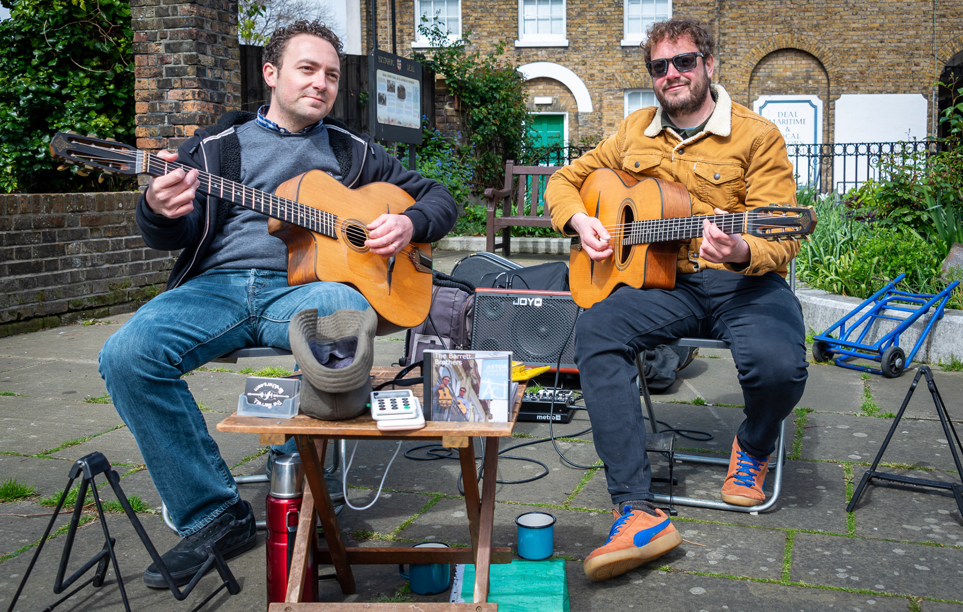 The brilliant Barrett Brothers, both very talented guitarists, busking outside St George's Church, Deal High Street, 20th April, 2024. www.thebarrettbrothers.com