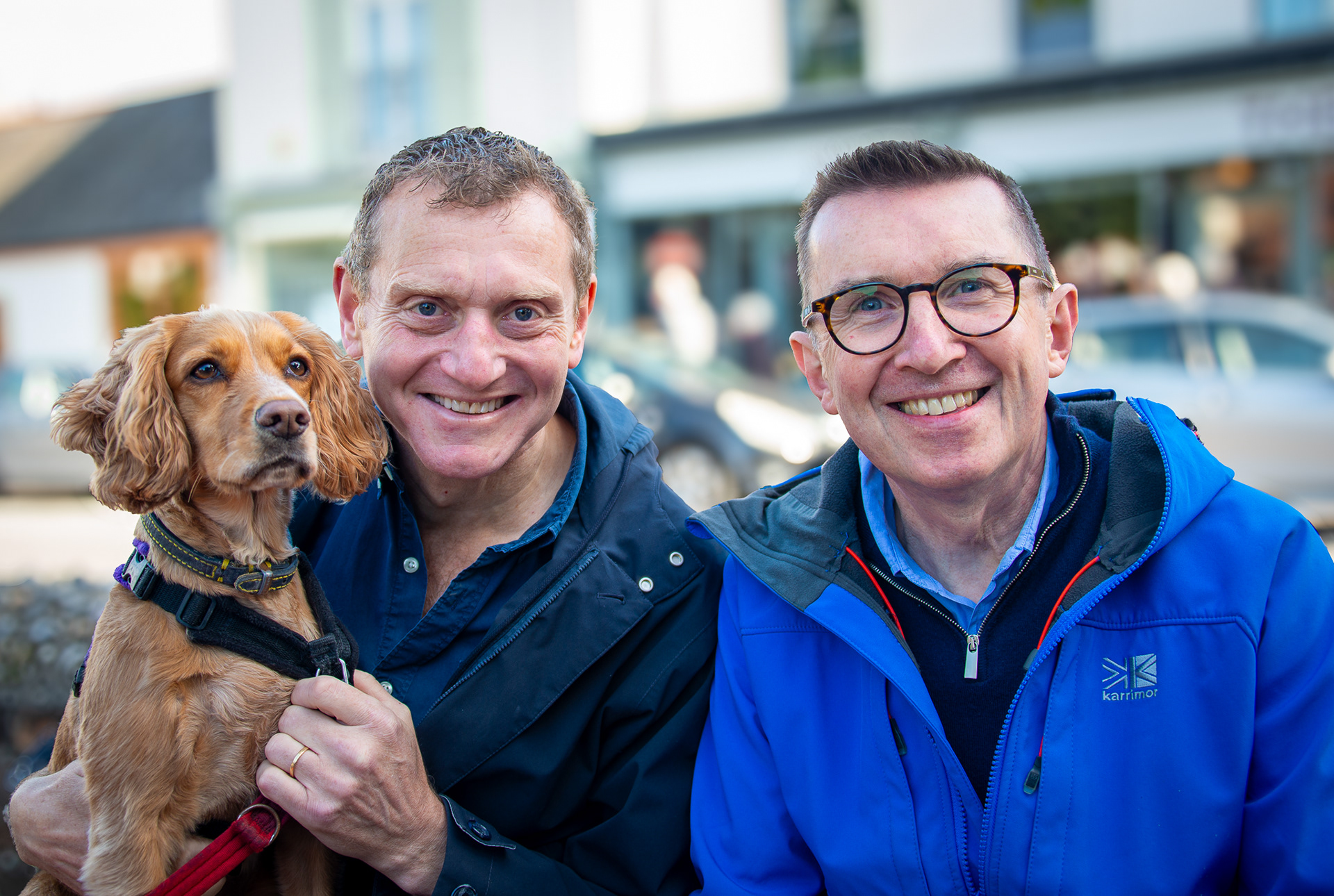 Neil, Michael and Thea the dog. Neil works in Charitable Housing and Michael is a priest at Southwark Cathedral. Real Deal Coffee Roasters, Deal Market, 4th October, 2025.
