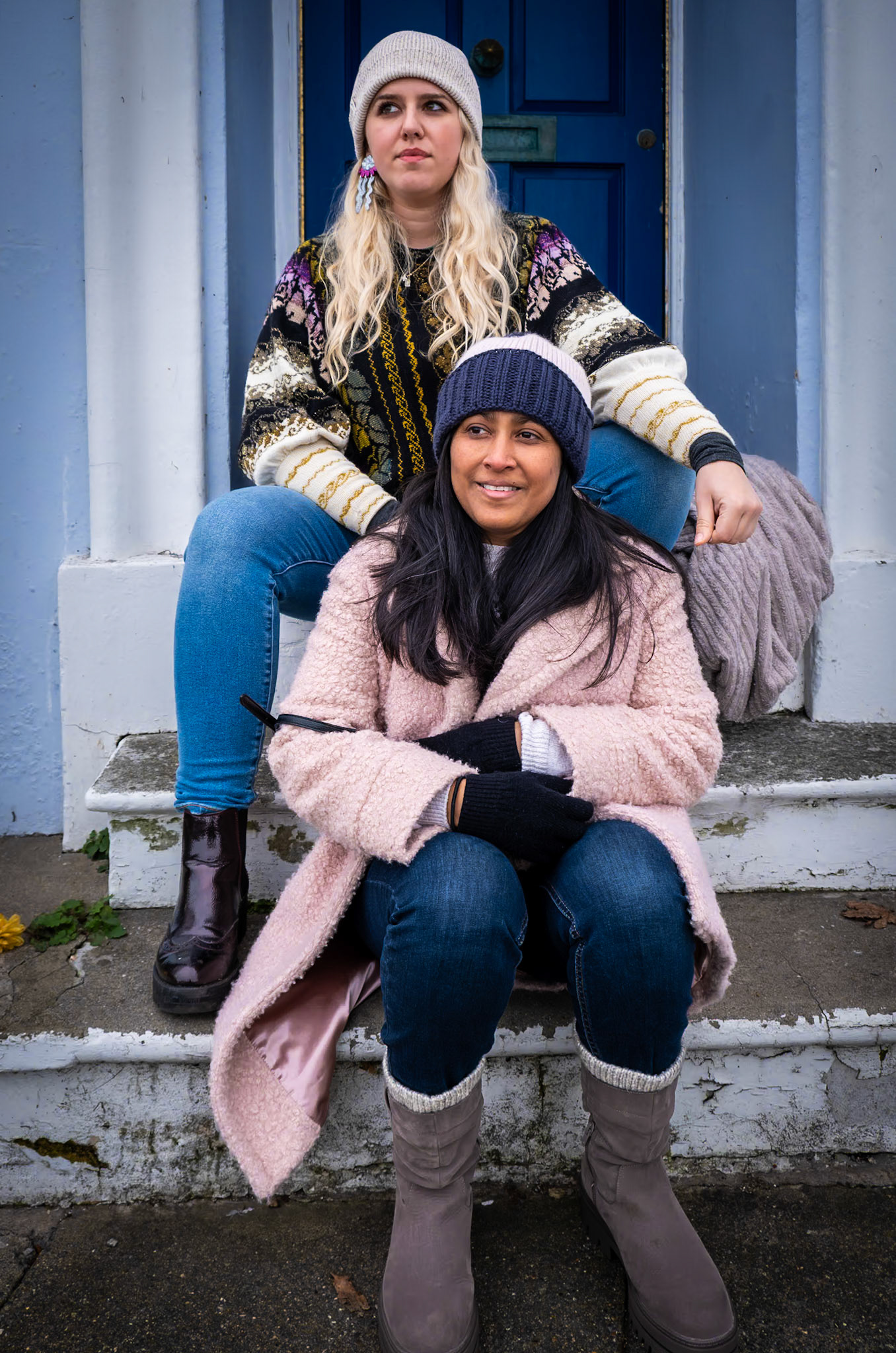 Jackie and Has, Beach Street, 26th November, 2023.  Jackie is a writer; Has is a full time Mummy.