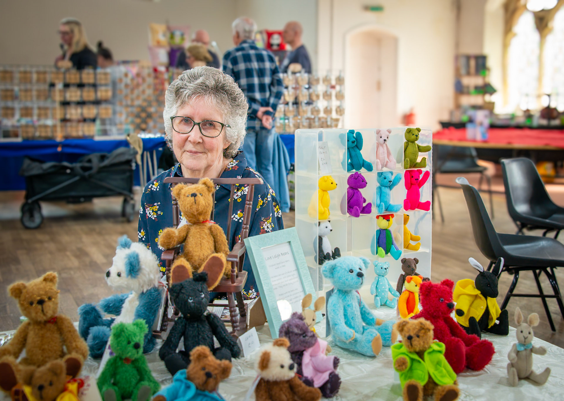 Lesley of LoveLeigh Bears. Craft Fair for the Leaps and Bounds Community Project, The Landmark Centre, 12th April, 2025. The project promotes independence and provides skills for adults with learning disabilities.