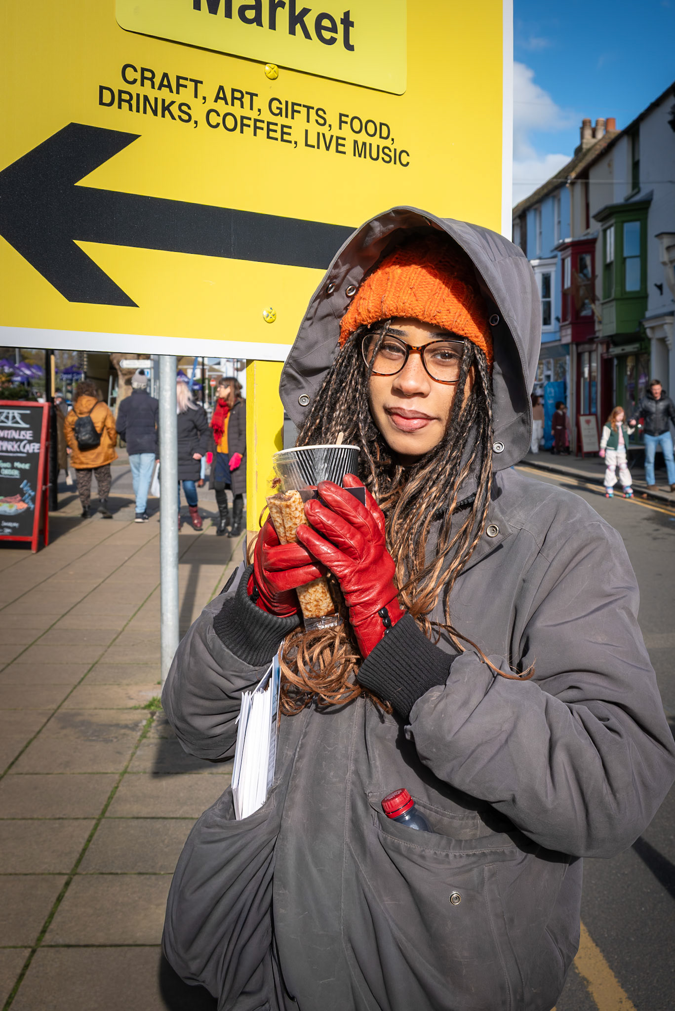 Chloe directing people into the Craft Fair at the Landmark Centre. 14th Feb.
